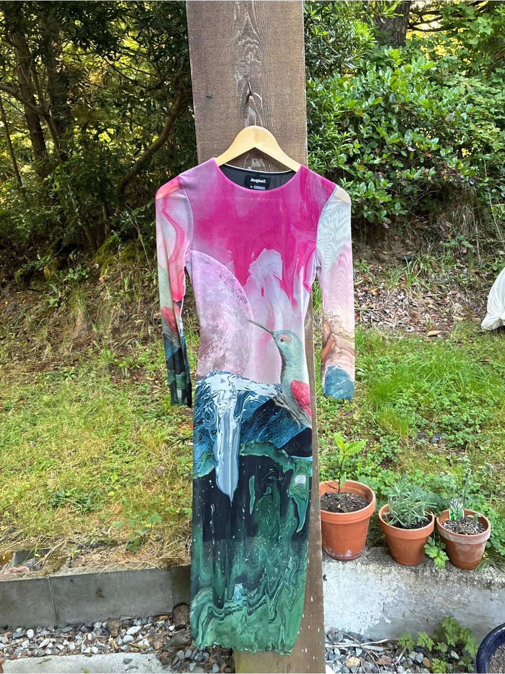 Desigual Long Sleeve Pink & Green Hummingbird Print mesh Dress